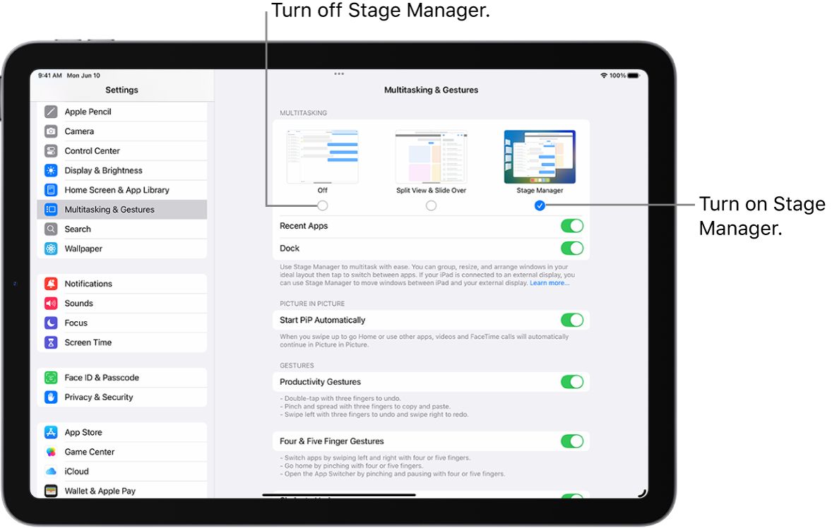 The Settings screen for turning Stage Manager on or off.