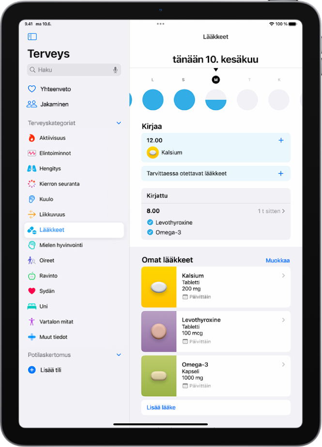 Terveys-apin Lääkkeet-näyttö, jossa näkyvät lääkkeiden päivämäärät ja kirjaukset.