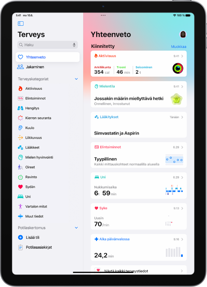 Terveys-apin Yhteenveto-näyttö. Tietoa aktiivisuudesta, mielentilasta, elintoiminnoista, unesta, sykkeestä ja päivänvalossa vietetystä ajasta näytetään kohdassa Kiinnitetty.
