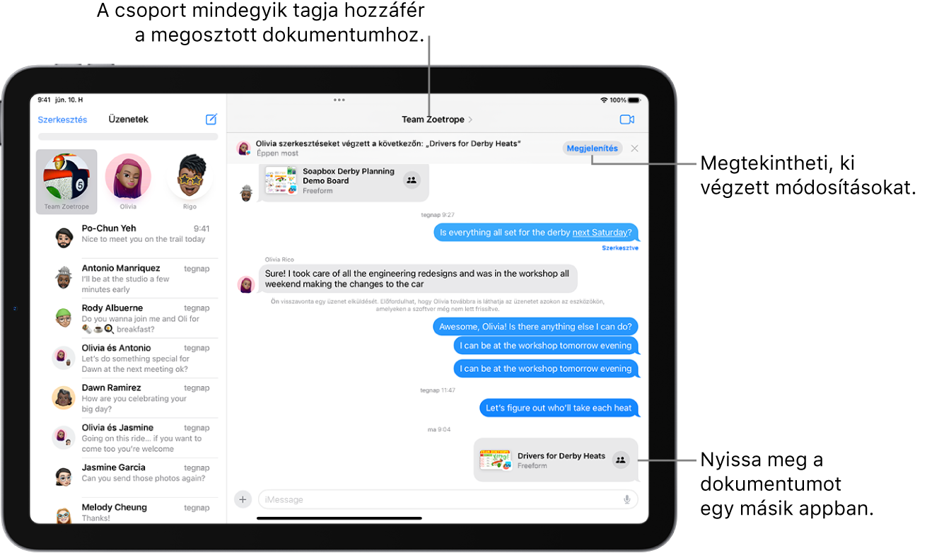 Csoportos beszélgetés az Üzenetek appban egy együttműködésre szóló meghívással, illetve a beszélgetés ablakának tetején a frissítésekkel.