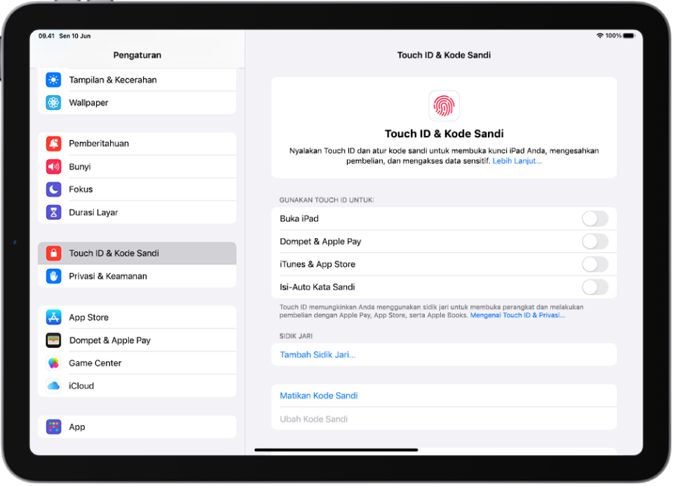 Layar yang menampilkan pengaturan untuk Touch ID & Kode Sandi, dengan pilihan untuk menambahkan sidik jari dan menyalakan kode sandi.