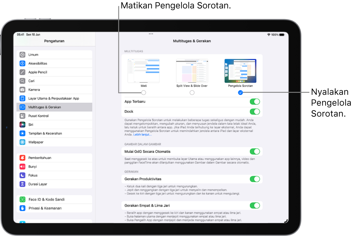 Layar Pengaturan untuk menyalakan atau mematikan Pengelola Sorotan.