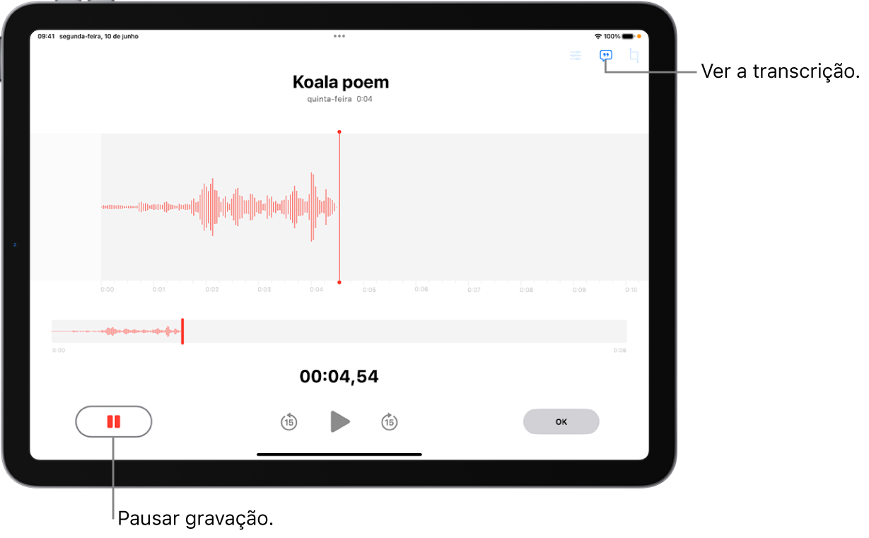 Uma gravação da aplicação Dictafone a mostrar uma forma de onda da gravação que está em curso, juntamente com um indicador de tempo, um botão para pausar a gravação e um botão para ver a transcrição.