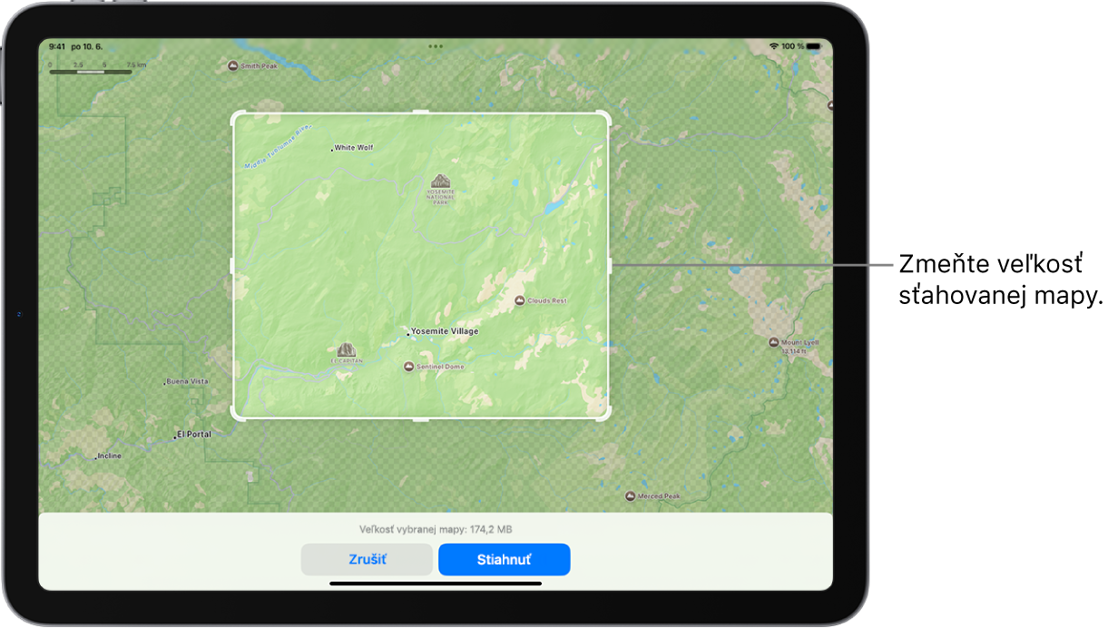 iPad s mapou národného parku. Park je v rámčeku s úchytmi, ktoré možno presúvať a meniť tak veľkosť mapy na stiahnutie. Veľkosť sťahovaného súboru mapy sa zobrazuje v spodnej časti mapy. V dolnej časti obrazovky sa nachádzajú tlačidlá Zrušiť a Stiahnuť.