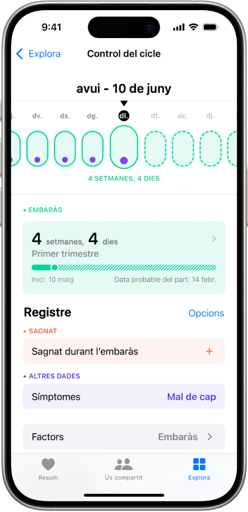 Pantalla de l’app Control del Cicle amb una línia de temps d’embaràs d’una setmana a la part superior. Els primers cinc dies de la línia de temps es marquen amb ovals de color verd clar i punts morats. La resta de dies de la línia de temps es marquen amb ovals de color verd clar amb una línia discontínua. A sota de la línia de temps hi ha un resum de l’embaràs que mostra l’edat gestacional, la data d’inici i la data probable del part. A sota del resum de l’embaràs, hi ha opcions per afegir informació sobre el sagnat durant l’embaràs i els símptomes, entre d’altres.