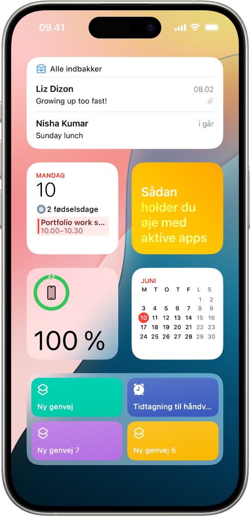 Widgets vises i oversigten I dag, bl.a. Widgets til Påmindelser, Fotos, Batteri, Kalender og Tips.