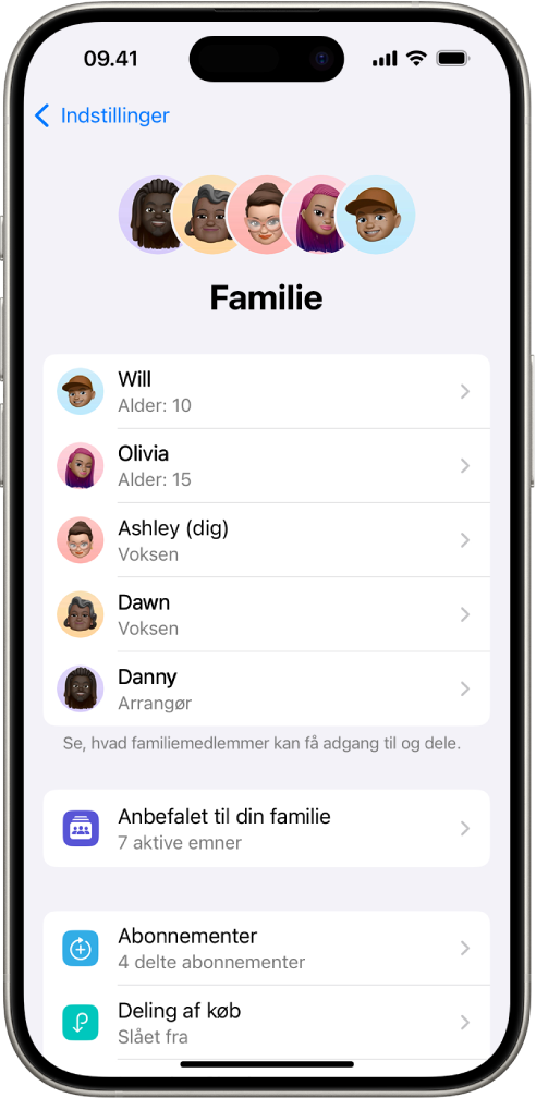 Skærmen Familiedeling i Indstillinger. Der vises en liste med fem familiemedlemmer. Under deres navne findes Familietjekliste samt valgmulighederne Abonnementer og Deling af køb.
