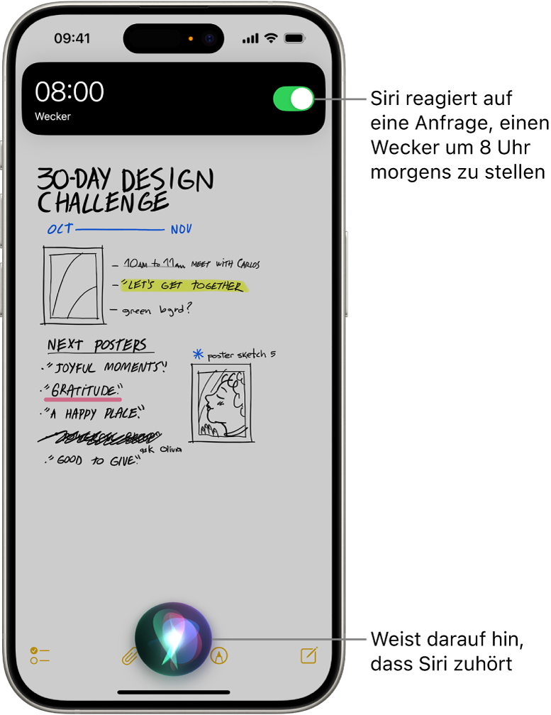 Ein iPhone-Bildschirm. Oben im Bildschirm zeigt eine Mitteilung der App „Uhr“ an, dass der Wecker auf 8:00 Uhr eingestellt wurde. Ein Symbol unten auf dem Bildschirm gibt an, dass Siri zuhört.