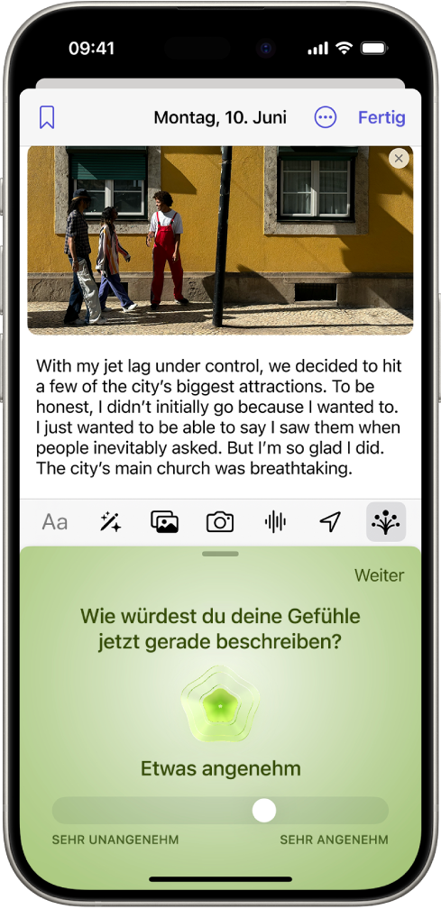 Die App „Journal“ mit einem Journaleintrag oben auf dem Bildschirm. Unten auf dem Bildschirm befindet sich ein Schieberegler zum Protokollieren deines Gemütszustands.