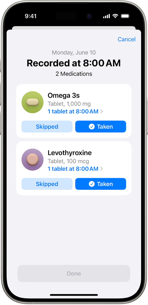 The Medications screen in Health showing a log of medications.