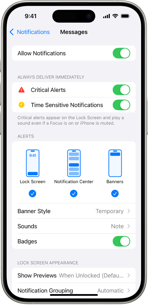 iPhone with Messages settings for notifications and alerts.