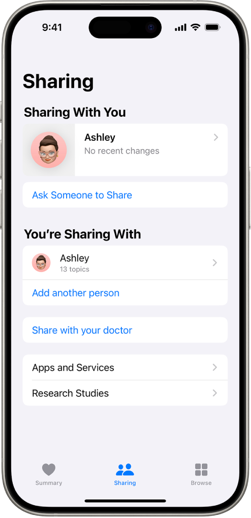 The Sharing screen in the Health app.