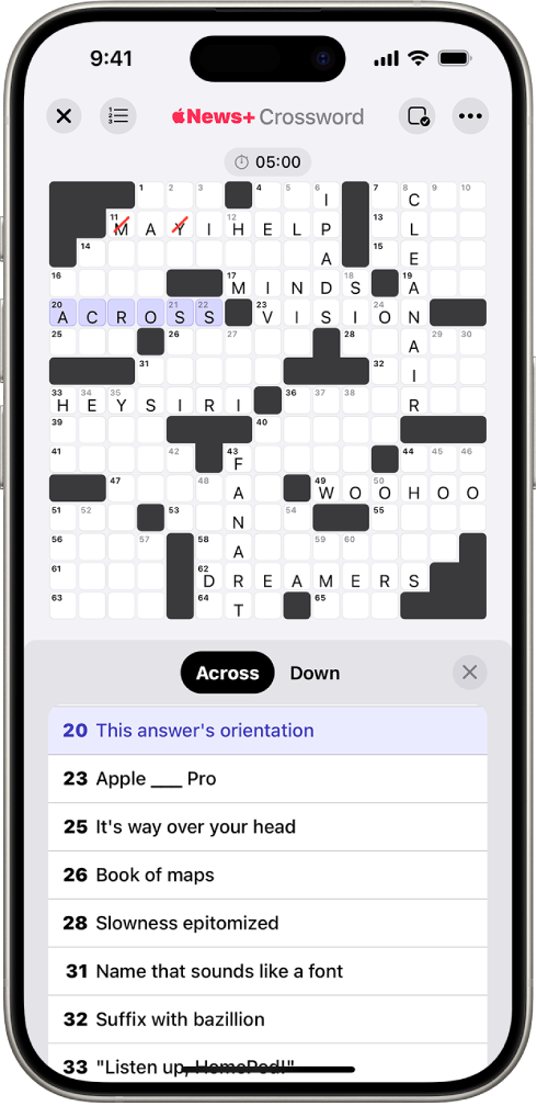 A partially filled crossword puzzle, with controls above and below it, and a keyboard open at the bottom.