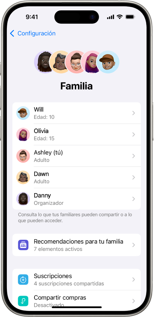 La pantalla de Compartir en familia en Configuración. Aparecen cinco integrantes de la familia. Debajo de sus nombres está la lista de control familiar y las opciones Suscripciones y Compartir compras.