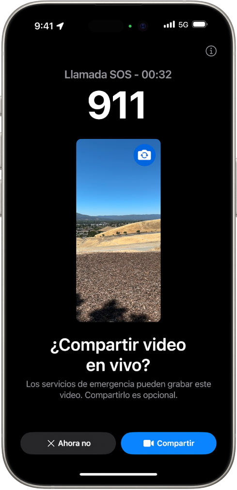 Una pantalla de Video en vivo de Emergencia SOS que muestra una llamada de emergencia al 911 con una vista previa de video en el centro. En la parte inferior están los botones No ahora y Compartir video.