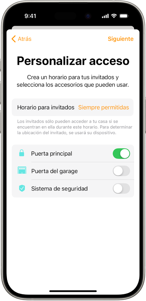 La pantalla Acceso personalizado en la app Casa. En la parte superior de la pantalla está el Horario para invitados, y debajo los accesorios a los que el invitado puede o no acceder.