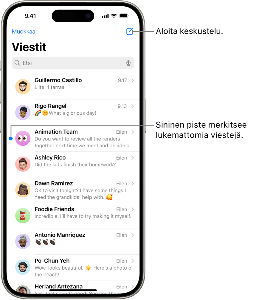 Viestit-apin keskusteluluettelo ja Kirjoita-painike oikeassa yläkulmassa. Sininen piste viestin vasemmalla puolella tarkoittaa, että viestiä ei ole luettu.