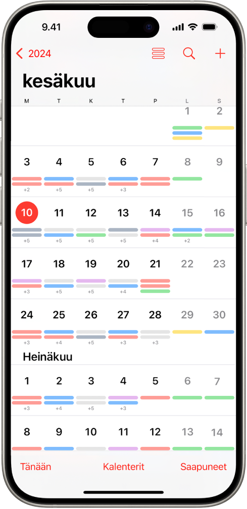 Kuukausinäkymä Kalenteri-apissa.
