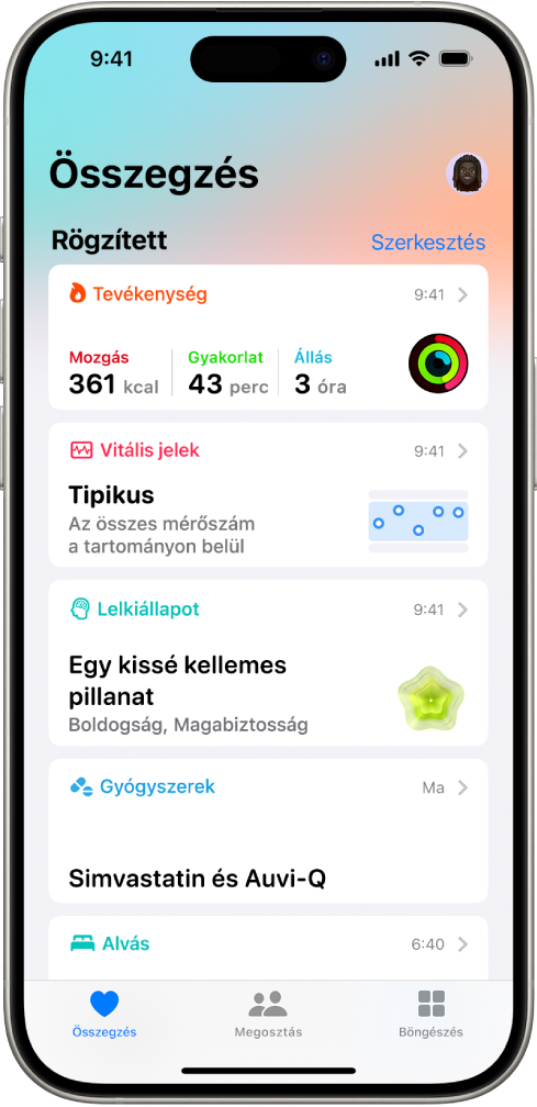 Az Egészség app Összesítés képernyője. A tevékenységekkel, vitális jelekkel, lelkiállapottal és gyógyszerekkel kapcsolatos információk a Rögzített opció alatt jelennek meg.