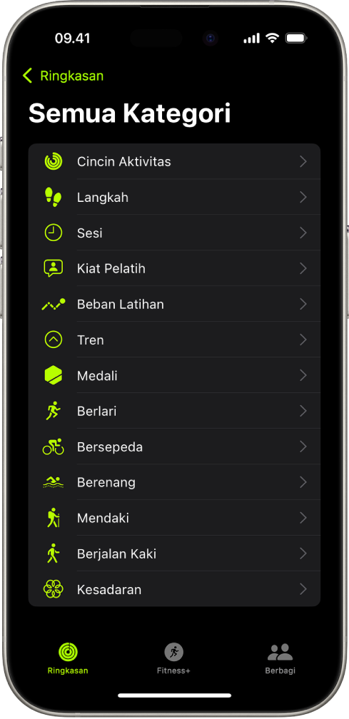 Layar Kebugaran yang menunjukkan daftar kategori kebugaran.