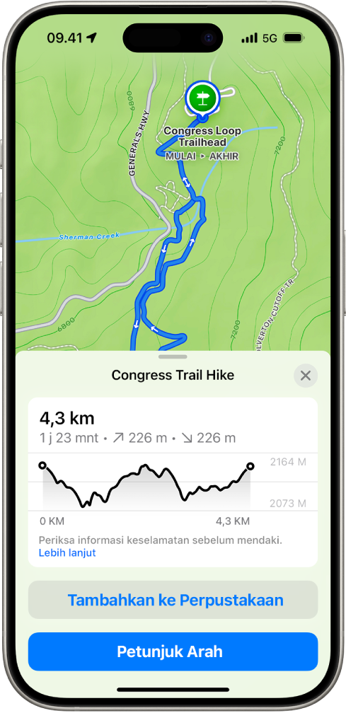 Peta topografi di app Peta yang menunjukkan jalur pendakian. Di bagian bawah layar terdapat bagan ketinggian, tombol Tambah ke Perpustakaan, dan tombol Petunjuk Arah.