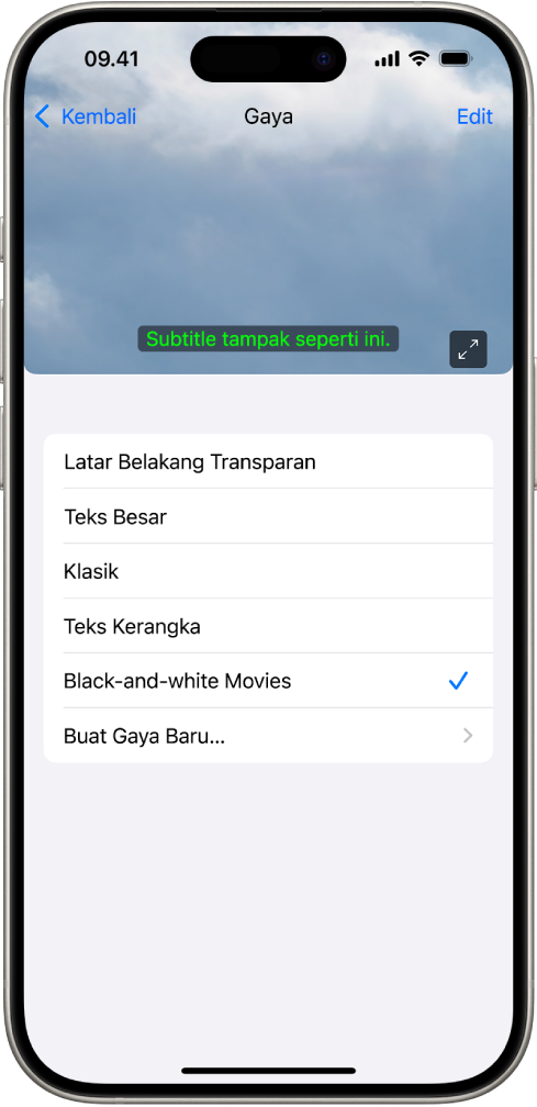 iPhone yang menampilkan contoh subtitle dengan gaya khusus.