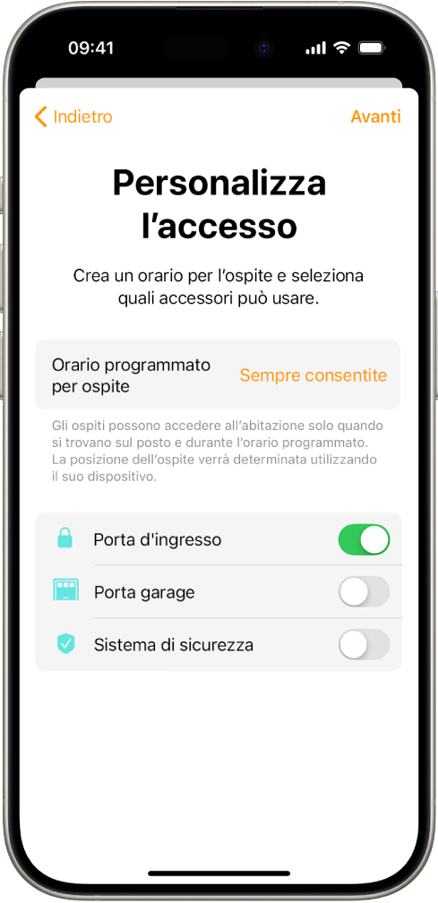 La schermata “Personalizza l’accesso” nell’app Casa. Nella parte superiore dello schermo è presente “Orario programmato per ospite” e sotto sono elencati gli accessori con i rispettivi permessi di accesso.