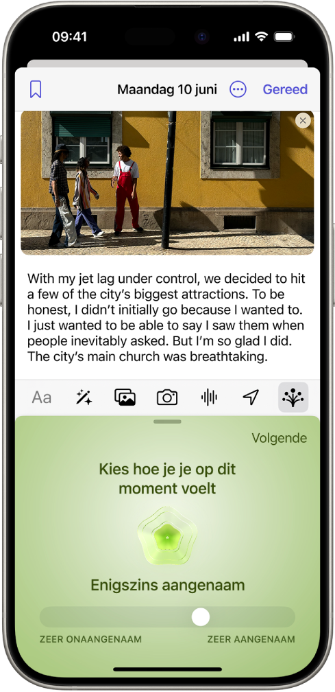 De Dagboek-app, met boven in het scherm een dagboeknotitie. Onder in het scherm staat een schuifknop om je gemoedstoestand vast te leggen.