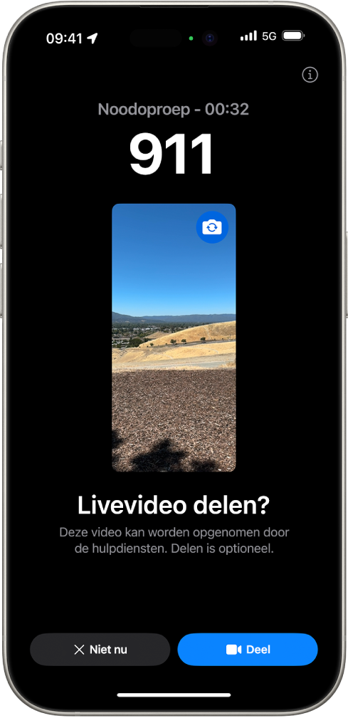 Het scherm 'Live video bij SOS-noodmelding', met een oproep naar het alarmnummer en een videovoorvertoning in het midden. Onderaan staan knoppen voor 'Niet nu' en 'Deel video'.