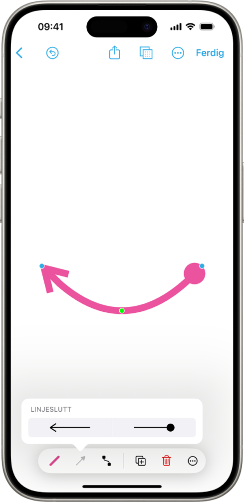 En forbindelseslinje på en Freeform-tavle, med blå og grønne prikker som kan brukes til å endre formen og kurvaturen.