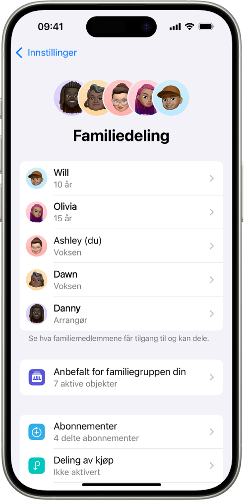 Familiedeling-skjermen i Innstillinger. Fem familiemedlemmer er oppført. Under navnene deres vises det en familiesjekkliste og under der igjen vises alternativer for abonnementer og kjøpsdeling.