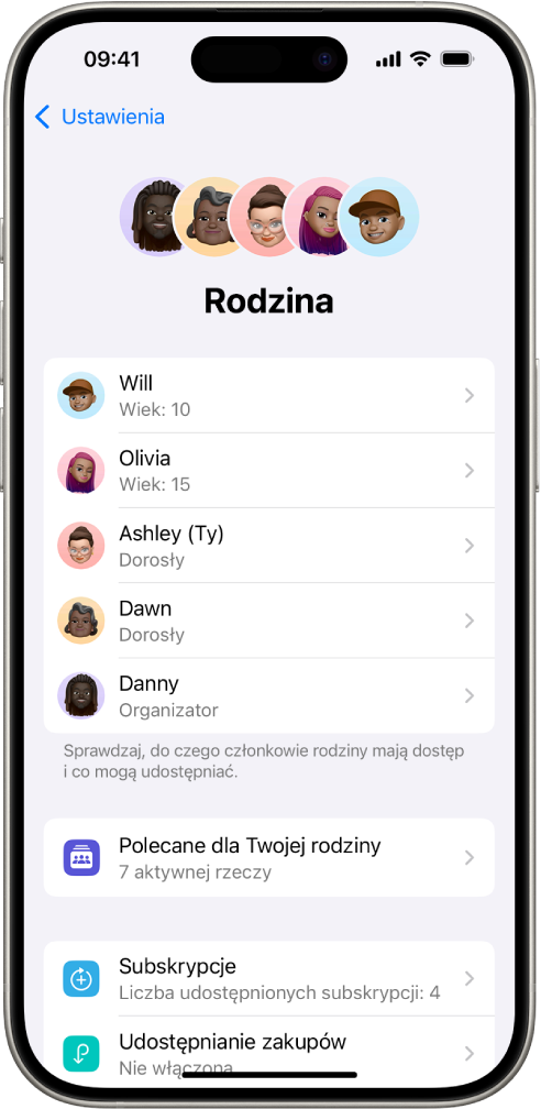 Ekran chmury rodzinnej w Ustawieniach. Widocznych jest pięcioro członków rodziny. Poniżej widoczna jest lista kontrolna rodziny oraz opcje Subskrypcje i Udostępnianie położenia.