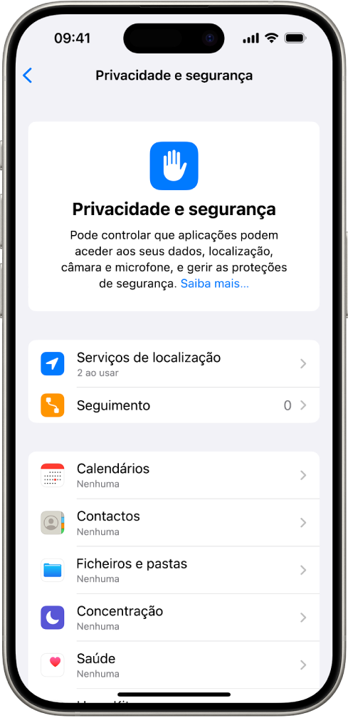 O ecrã Privacidade e segurança nas Definições.