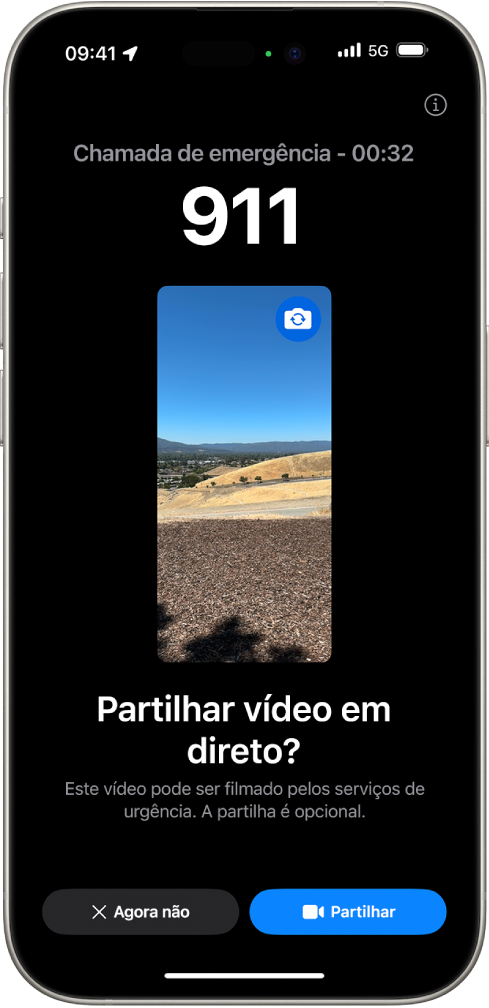 O ecrã “Vídeo em tempo real para SOS emergência” a mostrar uma chamada de emergência para o 112 com uma pré-visualização do vídeo ao centro. Na parte inferior estão os botões “Agora não” e “Partilhar vídeo”.