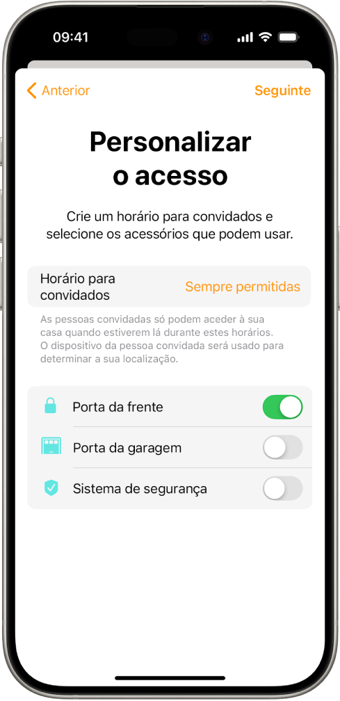 O ecrã “Personalizar acesso” na aplicação Casa. Na parte superior do ecrã está “Horário para convidados” e, por baixo, estão os acessórios a que o convidado pode ou não aceder.