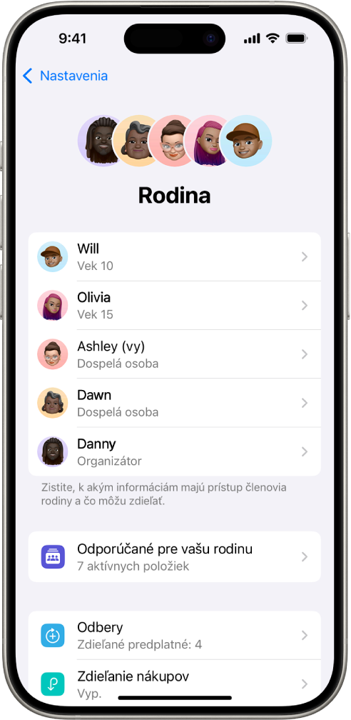 Obrazovka Rodinné zdieľanie v Nastaveniach. Sú uvedení piati členovia rodiny. Pod ich menami sa nachádza rodinný zoznam úloh a ešte nižšie možnosti Odbery a Zdieľanie nákupov.
