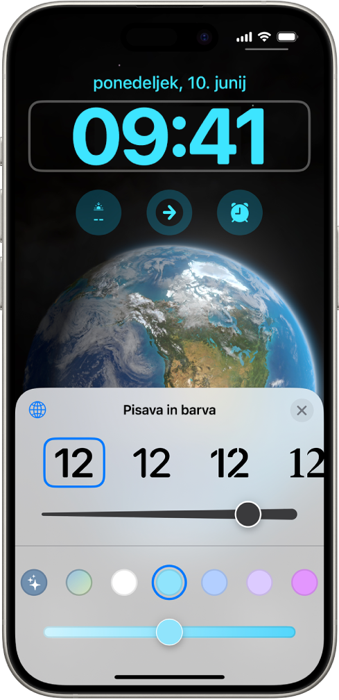 Zaklenjeni zaslon iPhona, ki prikazuje krmilne funkcije za spreminjanje pisave in barve časa.