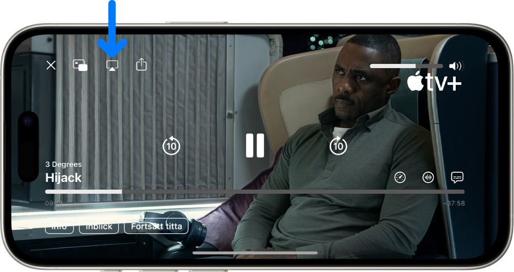En film spelas upp på iPhone-skärmen. Mitt på skärmen visas uppspelningsreglagen. AirPlay-knappen finns nära det övre vänstra hörnet.
