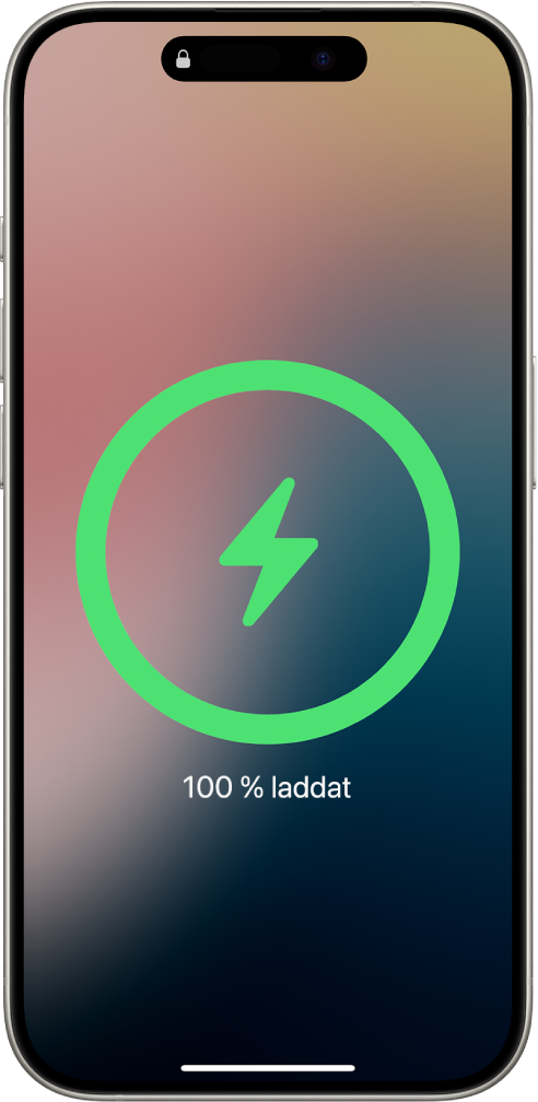 En iPhone-skärm visar batteriet laddat till 100 %.