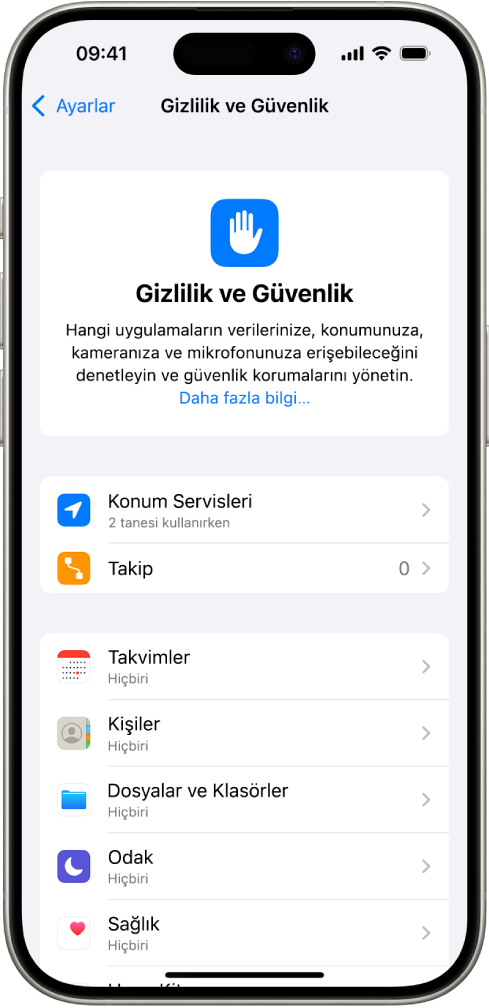 Ayarlar’da Gizlilik ve Güvenlik ekranı.