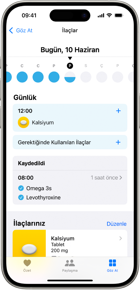 Sağlık’taki İlaçlar ekranı, ilaçlar için tarih ve günlük gösteriyor.
