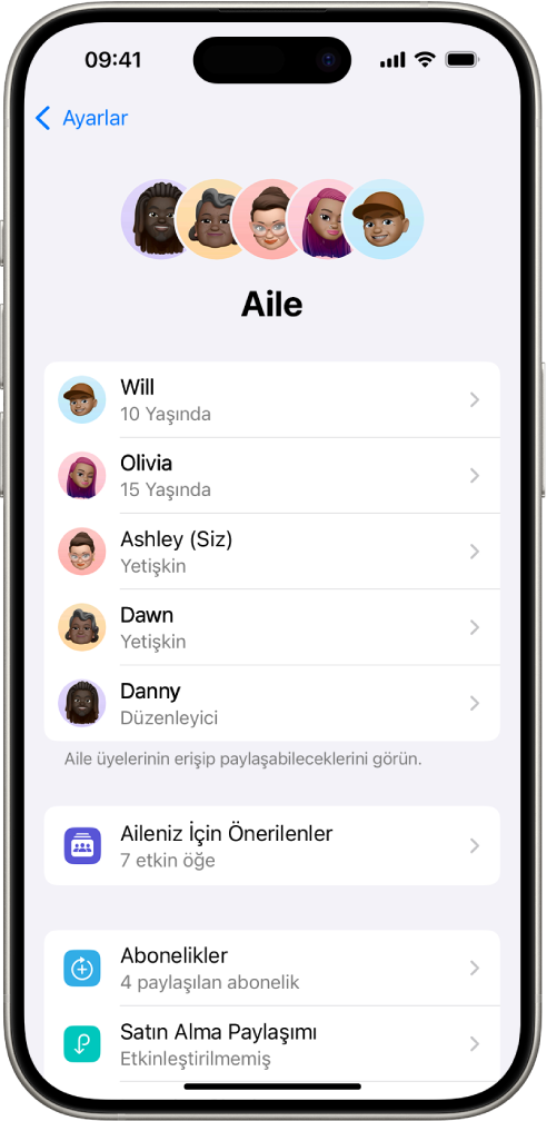 Ayarlar’daki Aile Paylaşımı ekranı. Beş aile üyesi listeleniyor. Adlarının altında Aile Denetim Listesi ve onun altında da Abonelikler ve Satın Alma Paylaşımı seçenekleri var.