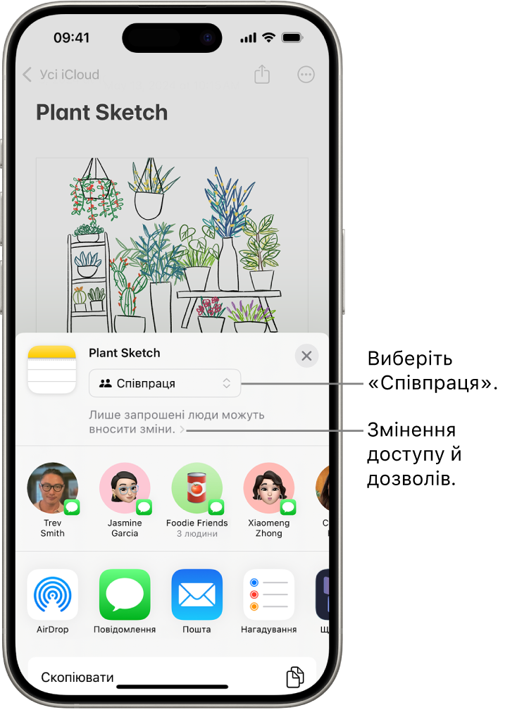 Запрошення до співпраці над малюнком у Нотатках, у якому показано опцію поширення «Співпраця» й параметр доступу й дозволу «Лише запрошені вами користувачі можуть вносити зміни». Нижче в рядку показано чотирьох можливих отримувачів, включно з однією групою. У нижньому рядку наведено різні варіанти поширення нотатки: AirDrop, Повідомлення, Пошта і Freeform.