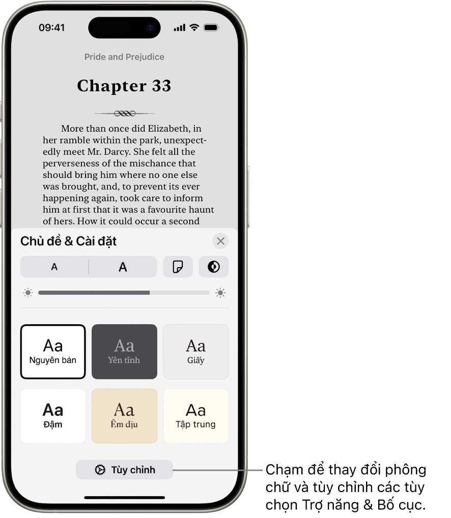 Một trang sách trong ứng dụng Sách. Tùy chọn Chủ đề & Cài đặt hiển thị các điều khiển cho cỡ chữ, chế độ xem cuộn, kiểu lật trang, độ sáng và kiểu phông chữ.