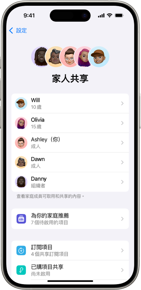 「設定」中的「家人共享」畫面。列出五位家庭成員。他們的姓名下方為「家庭清單」，下面是「訂閲項目」和「已購項目共享」選項。