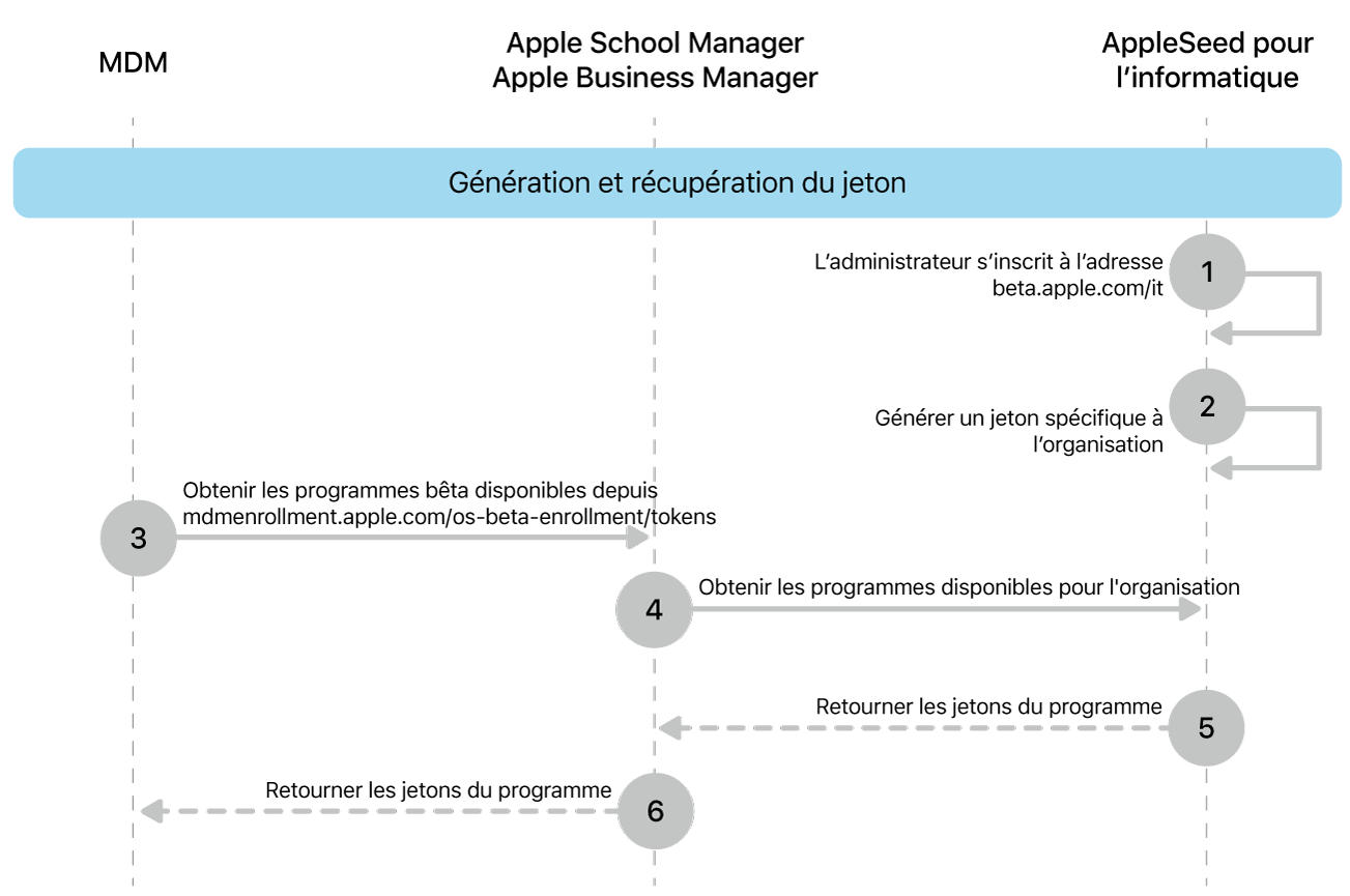 Le flux des jetons de programme bêta pour tester les mises à jour logicielles.