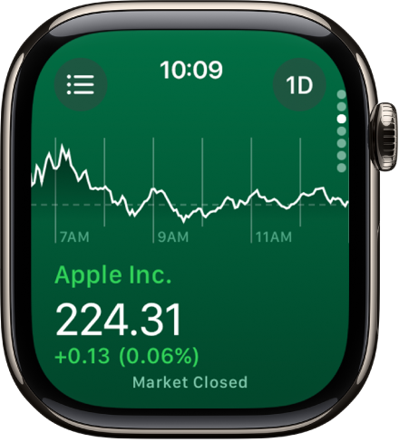 Информация за акция в приложението Stocks (Акции). Голяма графика показва прогреса на акциите за месец в средата на екрана.