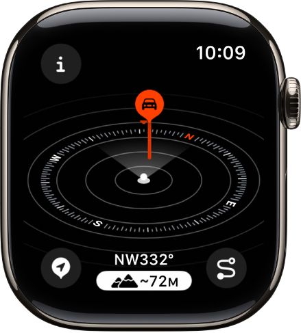 Приложението Compass (Компас), в което е показан 3D изглед на надморската височина. Настоящото местоположение е отбелязано с бяла точка в средата на циферблата на компаса. Червена карфица на по-дълъг стълб показва далечна точка от маршрута.