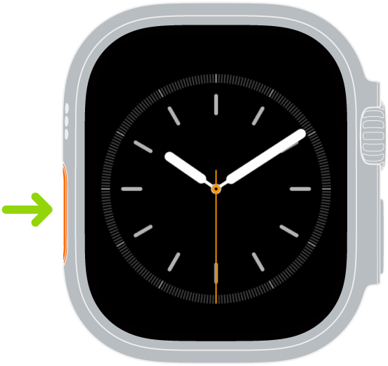Илюстрация на Apple Watch Ultra със стрелка, която сочи към бутона Action (Действие) от лявата страна.