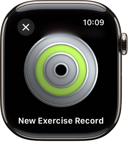 На Apple Watch се показва награда за постижение. Под наградата е описание на наградата. Можете да изтеглите или завъртите наградата.